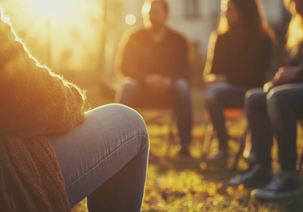 Support Group Gathering in Natural Light Outdoors A serene outdoor scene featuring a support group seated in a circle, basking in natural light. This image captures the essence of community, wellness, and connection among participants.