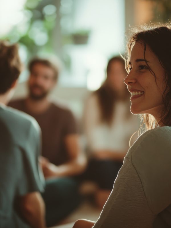 Group therapy session in a warm, inviting room with diverse participants sharing emotional support and connections during a reflective afternoon meeting. Group therapy session in a warm, inviting room with diverse participants sharing emotional support and connections during a reflective afternoon meeting..